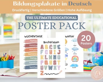20 Educational Posters German Classroom Home German Language Learning Wall Art Kids Alphabet Numbers Childhood Primary Education
