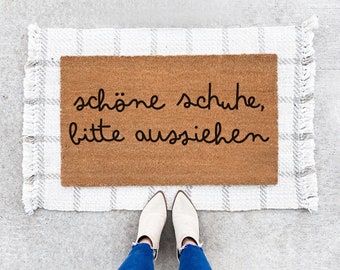 Doormat with saying: Nice shoes, please take them off, doormat made of coconut fibre