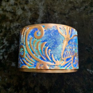 Blue peacock bird copper cuff handmade artisan blue art jewelry bracelet