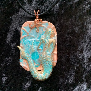Mermaid blue pendant necklace handmade artisan art jewelry copper silver
