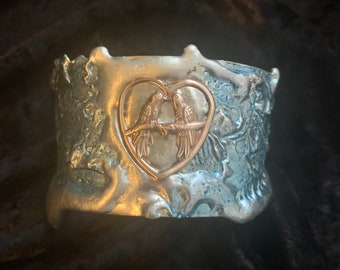 Love birds blue cuff bracelet copper mixed metal handmade art jewelry artisan