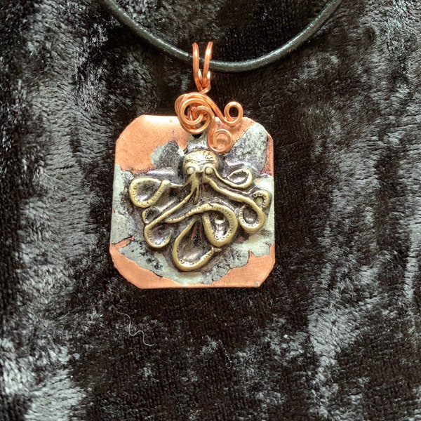 Small octopus black pendant necklace handmade artisan art jewelry copper silver