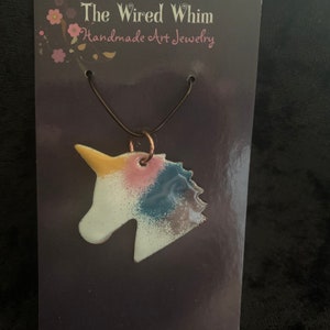Unicorn rainbow enameled pendant handmade art artisan jewelry glass copper