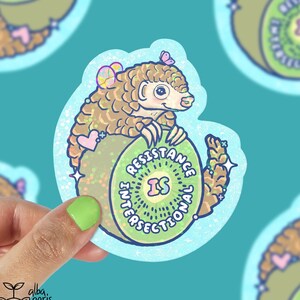 Può includere: Un adesivo con un pangolino dei cartoni animati che tiene un kiwi. Il kiwi ha il testo "Resistance is Intersectional" in un design circolare. L'adesivo ha una finitura glitterata e iridescente con un bordo azzurro e una piccola farfalla.