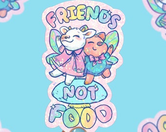 Puede incluir: Una pegatina rosa y azul con una vaca y un cerdo blancos con alas de hada. La pegatina dice "Friends Not Food" en letras de arcoíris.