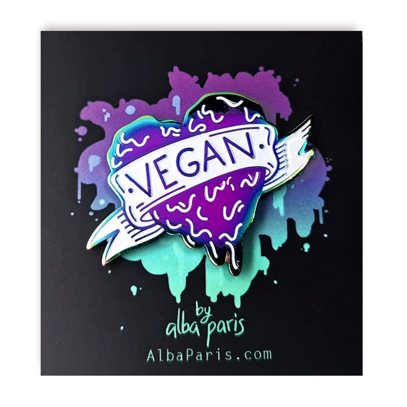 Vegan Heart PIN Veganism, Animal Rights, Iridescent, Graffiti, Tattoo Pin, Vegan Graffiti, Rainbow Pin, Badge, Enamel Pin image 3