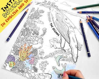 Protect The Oceans - COLORING PAGE, [English and Spanish] Coloring Sheets, Colouring Printables, Animals Kids Printables, Climate Change