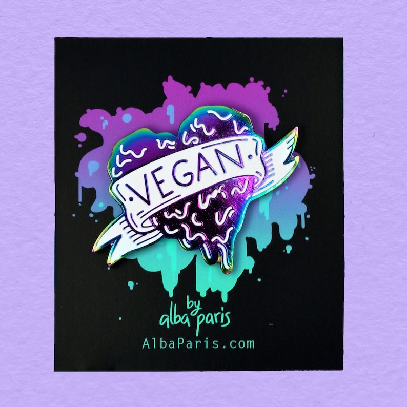 Vegan Heart PIN Veganism, Animal Rights, Iridescent, Graffiti, Tattoo Pin, Vegan Graffiti, Rainbow Pin, Badge, Enamel Pin image 1