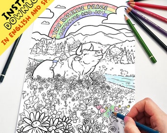 You Deserve Peace - COLORING PAGE, [English and Spanish] Against Bullfighting, Is Not Culture is Torture, Coloring Sheets, Printables, Vegan