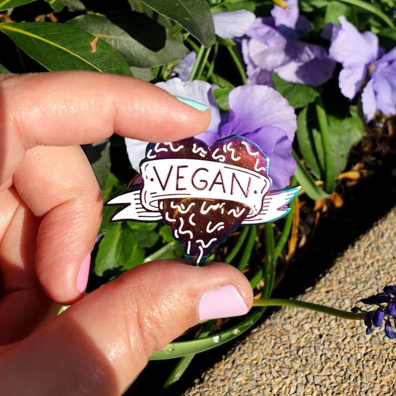 Vegan Heart PIN Veganism, Animal Rights, Iridescent, Graffiti, Tattoo Pin, Vegan Graffiti, Rainbow Pin, Badge, Enamel Pin image 5