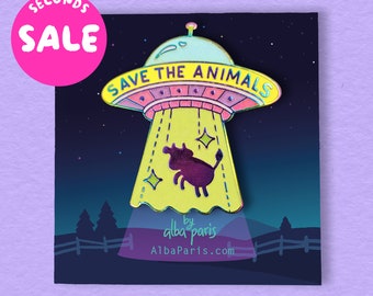 Save The Animals - SOFT ENAMEL PIN - animal rights, iridescent, glow in the dark, rainbow pin, vegan, animal lover, flying saucer, alien
