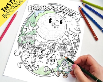 Protect The Earth - COLORING PAGE, Instant Download, Coloring Sheets,  Spring Colouring Printables, Kids Printables, Climate Change