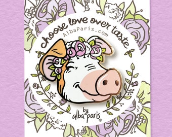 Love Over Taste PIN - Pig Pin, Cute Pig, Flower Crown, Flowers, Enamel Pin, Badge, Kawaii, Cute, Animal Rights, Vegan, Vegetarian, Adorable