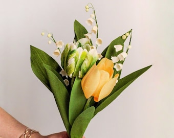 Crepe paper tulips flower bouquet, lily of the valley, handmade paper flower arrangement, realistic paper flowers, wedding anniversary gift