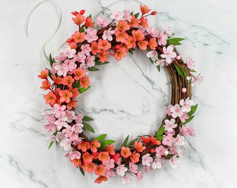 Cherry blossom wreath, paper flower wreath, paper cherry blossom, handmade wreath for front door, cherry blossom decor, spring paper wreath