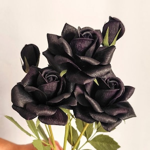 Handmade black crepe paper roses, gothic wedding bouquet, Halloween party floral decor, dark aesthetic centerpiece, alternative black flower