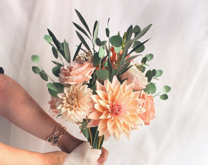 Crepe Paper Flowers Wedding Bouquet, Paper Bridal Bouquet, Fake Floral