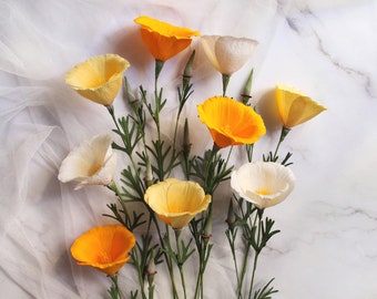 California poppy paper flower, crepe paper wildflowers, handmade summer bouquet, orange and yellow decor, faux flower gift idea for home