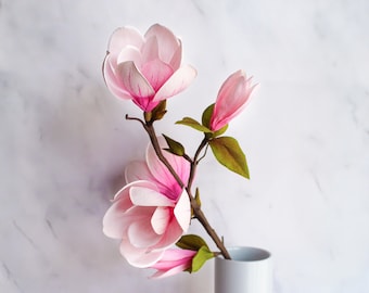 Paper magnolia flower, pink magnolia branch, crepe paper flower, magnolia blossom, realistic paper flower, magnolia decor, paper anniversary