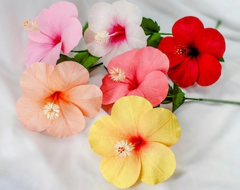 Handmade crepe paper hibiscus flower stems set, tropical hibiscus bouquet