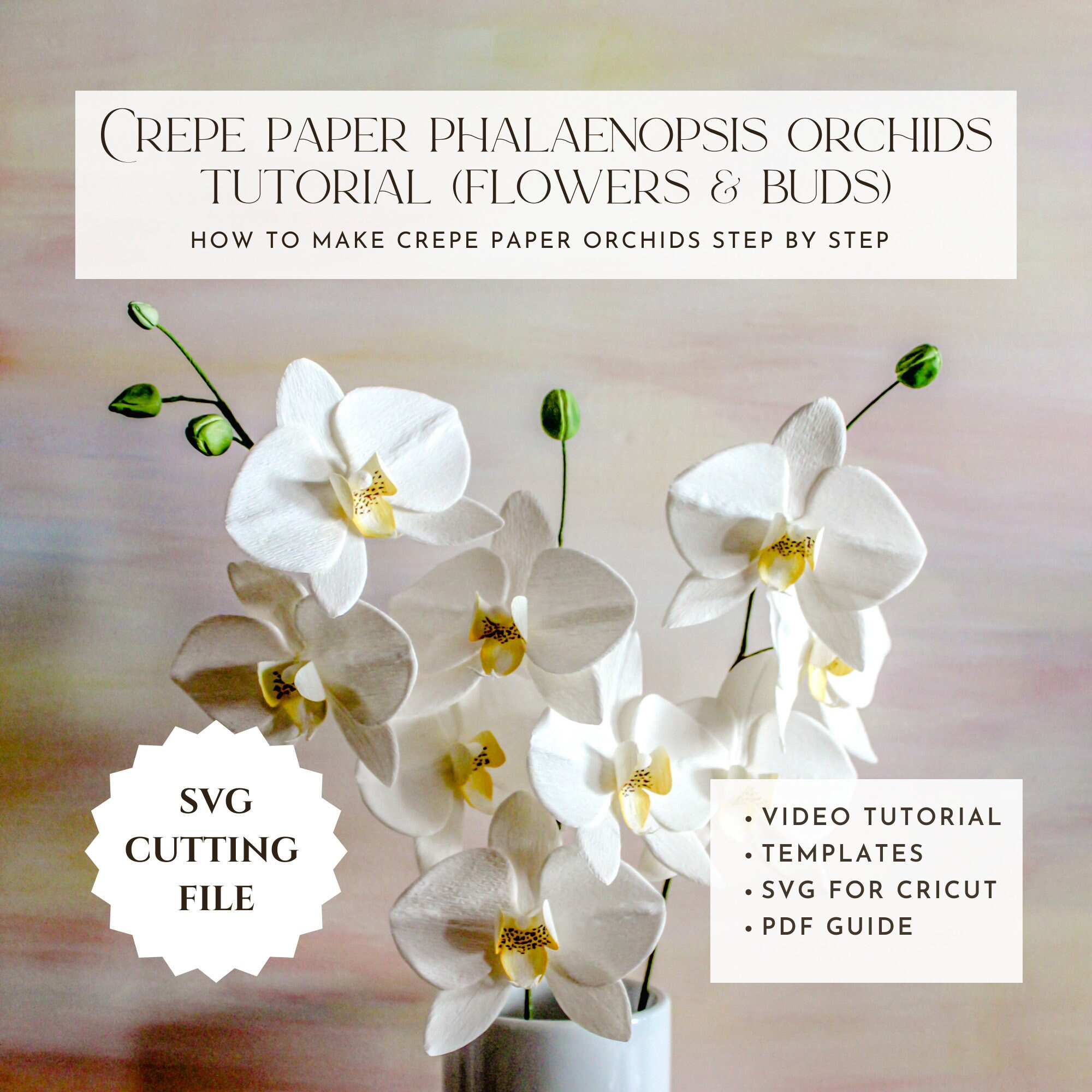 Crepe paper orchids flower template, svg for cricut, how to make, crepe paper flower tutorial, DIY paper flower, paper flower pattern, video