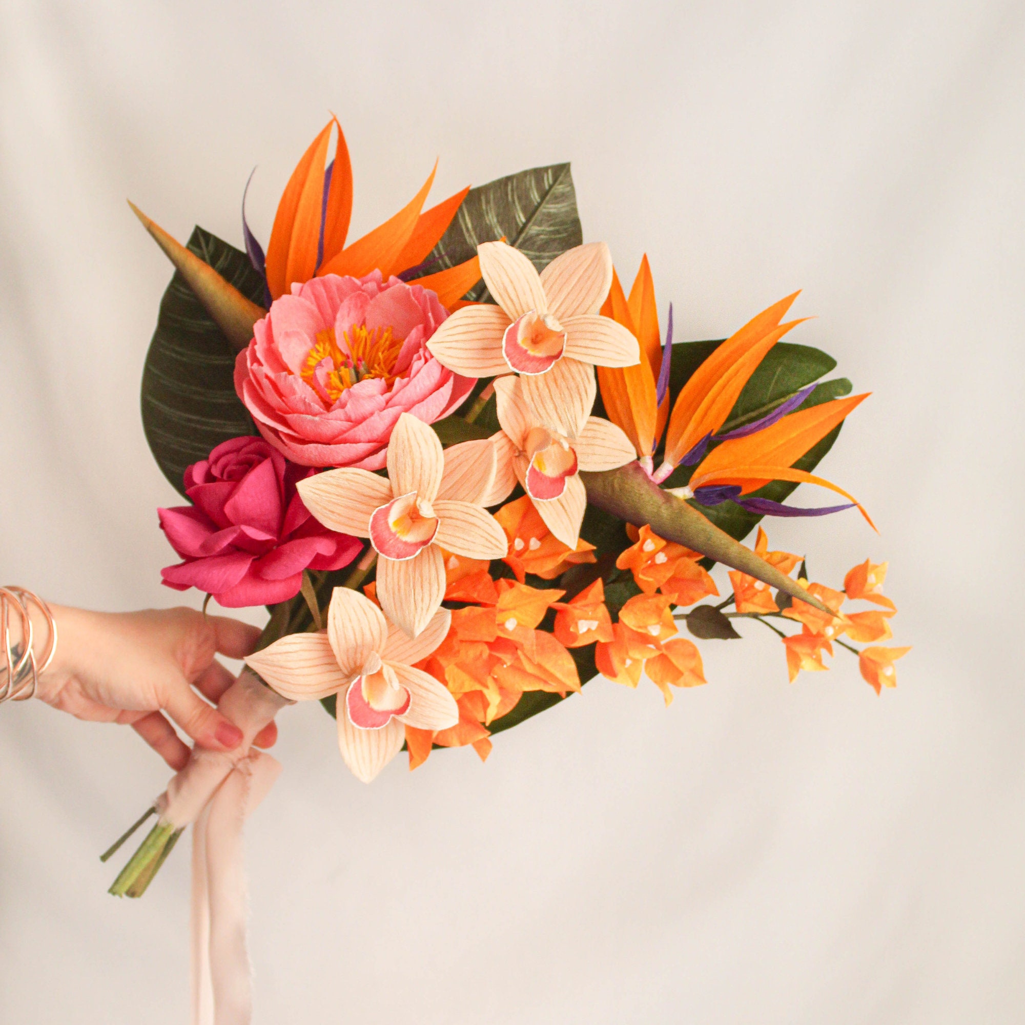 Tropical paper flower wedding bouquet, colorful boho bridal bouquet, handmade paper anniversary gift, hawaiian flower arrangement for decor