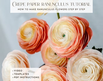 Crepe paper ranunculus template, pdf paper flower tutorials, how to make paper flowers, DIY paper flowers, step by step guide, printable pdf