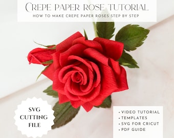 Crepe paper rose template, how to make paper rose, paper flower tutorial, video tutorial, step by step guide, pdf tutorial, diy paper flower