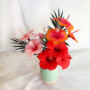 Hawaiian hibiscus paper flower stems, tropical crepe bouquet for beach wedding, summer party decor, faux flowers, handmade tropical gift set