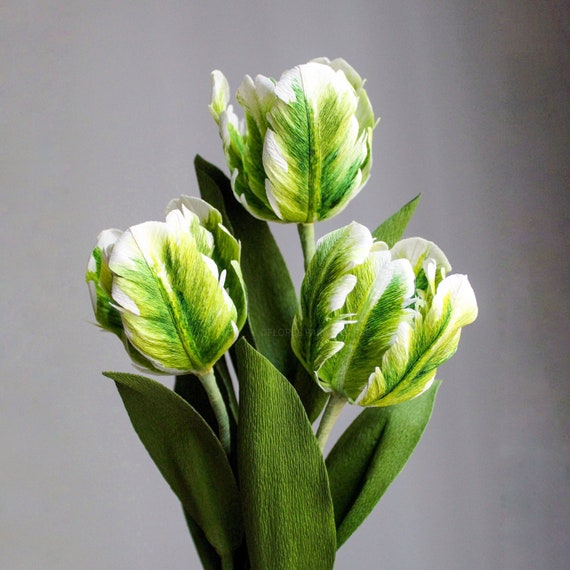 Handmade crepe paper parrot tulip bouquet, realistic Spring floral decor, everlasting flower arrangement
