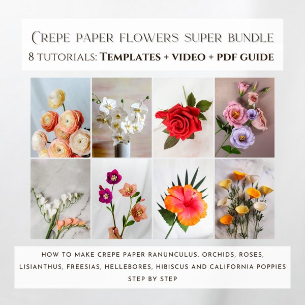 Conjunto de tutoriales de flores de papel crepé, plantillas de flores de papel, guía paso a paso, cómo hacer flores de papel, patrones