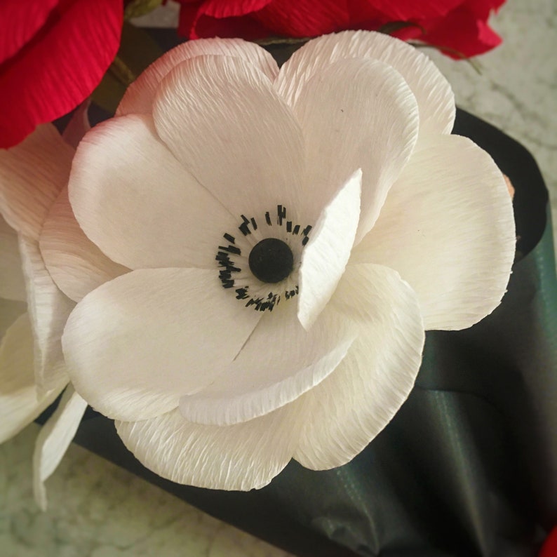 Small crepe paper floral bouquet of red paper roses with anemones and coral ranunculus handmade arrangement of 6 paper flowers