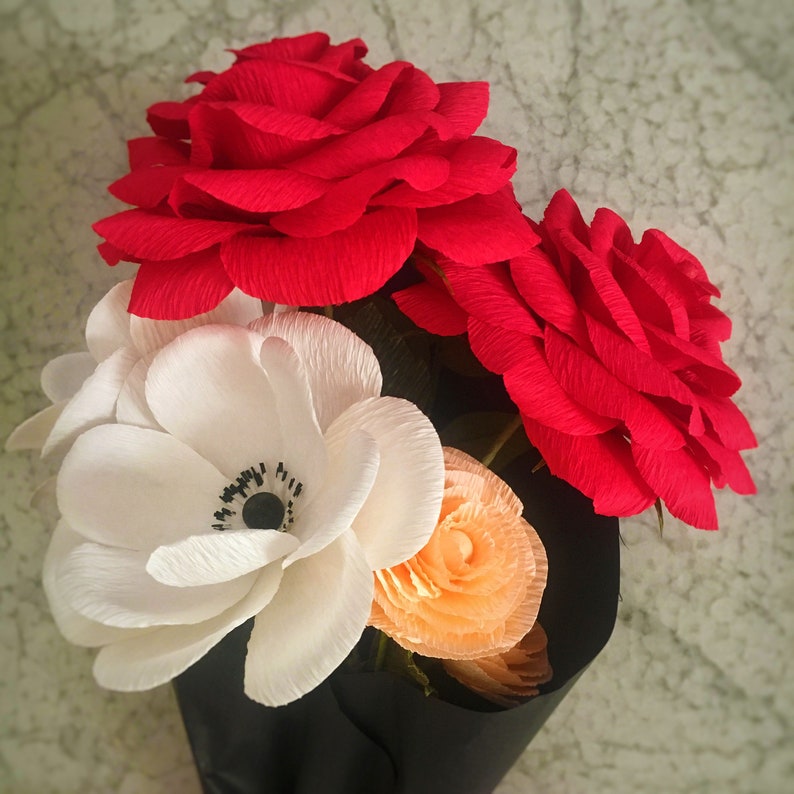 Small crepe paper floral bouquet of red paper roses with anemones and coral ranunculus handmade arrangement of 6 paper flowers