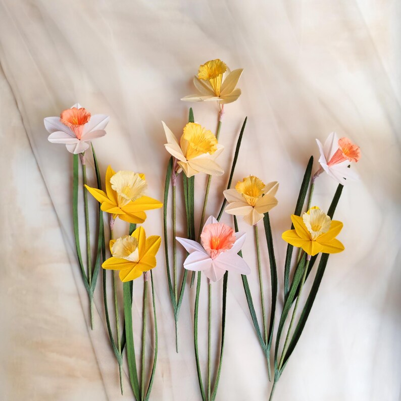 Crepe paper daffodil flowers bouquet, handmade everlasting spring decor, floral home gift image 11