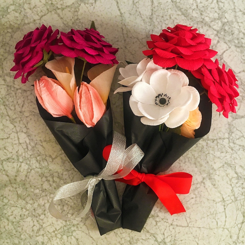 Small crepe paper floral bouquet of red paper roses with anemones and coral ranunculus handmade arrangement of 6 paper flowers