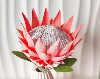 Crepe paper king protea stem, large handmade tropical flower, unique home decor gift