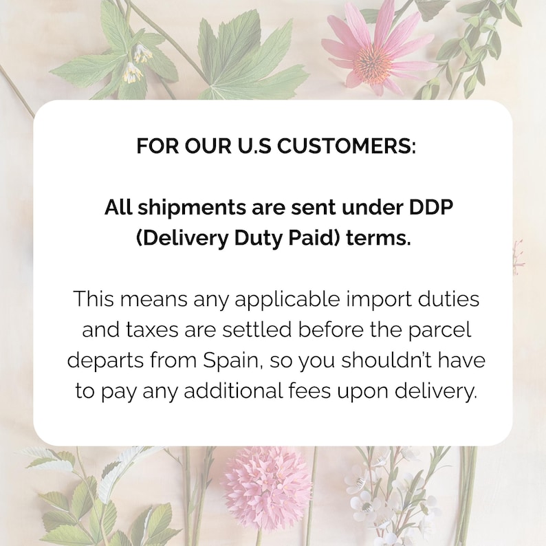 以下が含まれることがあります： テキストが記載された白い長方形のカード。「FOR OUR U.S CUSTOMERS: All shipments are sent under DDP (Delivery Duty Paid) terms. これは、適用される輸入関税と税金が、小包がスペインから出発する前に決済されることを意味します...」
