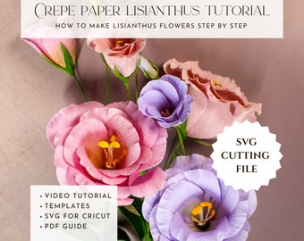 Crepe paper lisianthus flower template, pdf guide tutorial, paper flower pattern, svg for cricut, video tutorial, how to make, diy tutorial