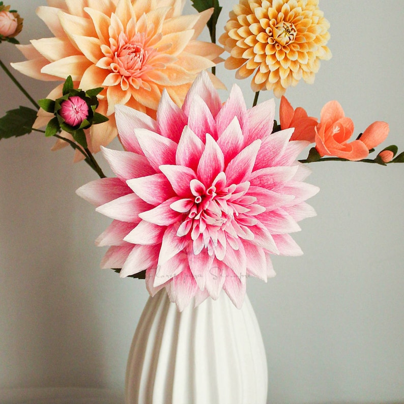 Crepe paper dahlia flower bouquet, paper flower arrangement, real touch dahlia, artificial dahlia flowers, handmade paper flowers for decor