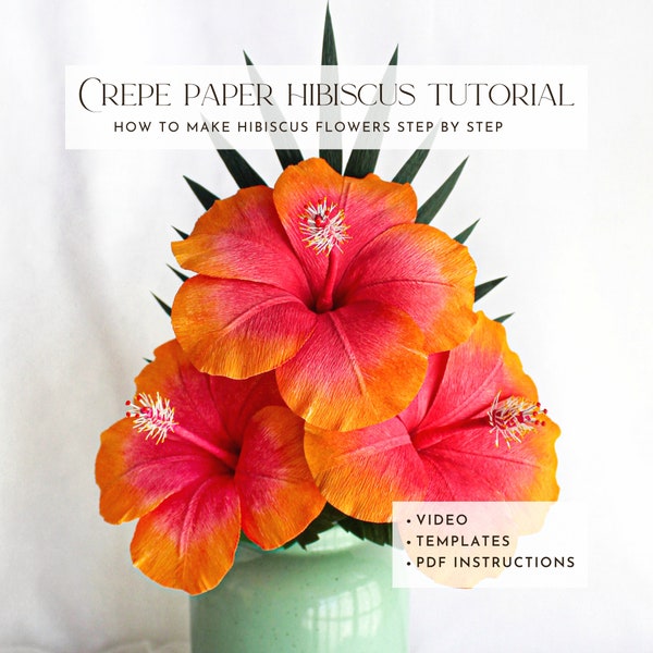 Modèle de fleur d'hibiscus en papier crêpe, tutoriels de fleurs en papier pdf, comment faire, motif de fleurs tropicales, fleurs en papier bricolage, tutoriel de guide