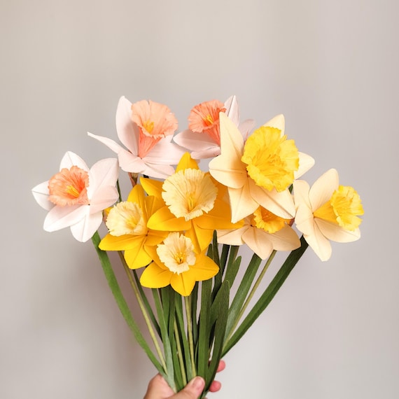 Crepe paper daffodil flowers bouquet, handmade everlasting spring decor, floral home gift