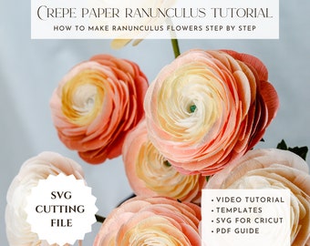 Crepe paper ranunculus template, pdf paper flower tutorials, how to make paper flowers, DIY paper flowers, svg for cricut, printable pdf