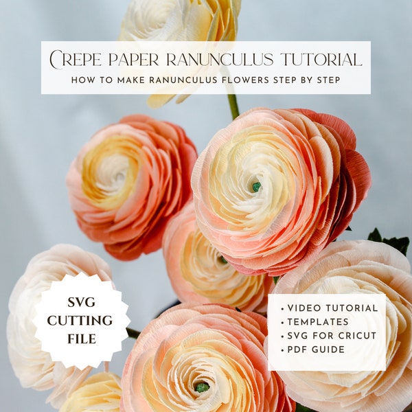 Crepe paper ranunculus template, pdf paper flower tutorials, how to make paper flowers, DIY paper flowers, svg for cricut, printable pdf