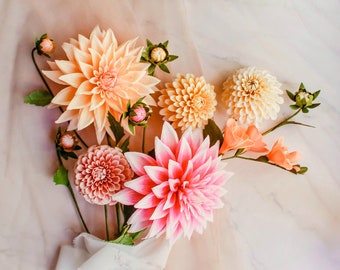 Realistic crepe paper dahlia bouquet, dinnerplate & pompom dahlias, handmade summer flowers, floral gift, wedding table centerpiece set