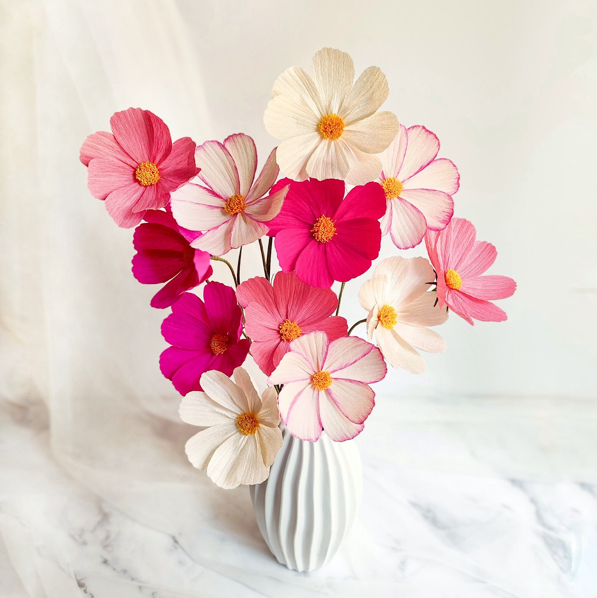 Crepe paper cosmos flowers, wildflower style bouquet, handmade summer decor, faux flower stems for vase, realistic floral gift ideas set