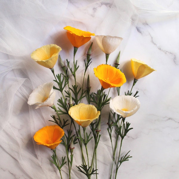 Fleur en papier pavot de Californie, composition florale en papier crêpe, bouquet de fleurs sauvages, fleurs de mariage d'été, fleurs en papier faites main pour la décoration