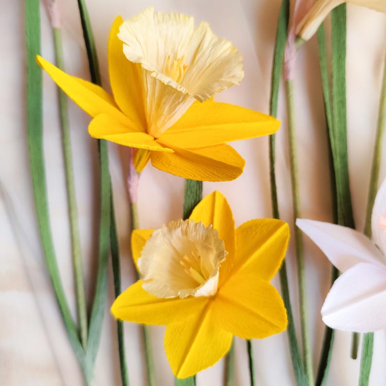 Crepe paper daffodil flowers bouquet, handmade everlasting spring decor, floral home gift image 8