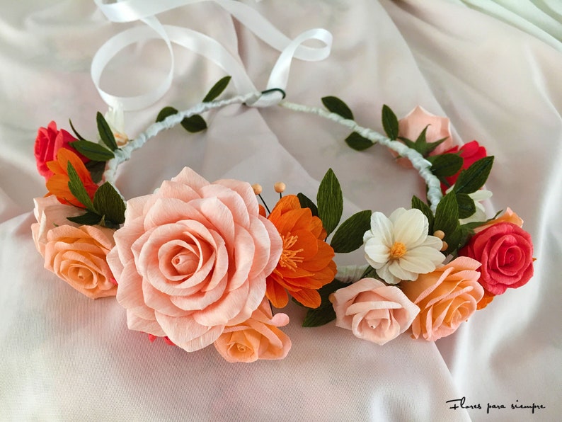 Crepe Paper Flower Crown With Coral And Blush Pink Roses
