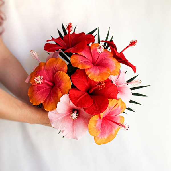 Hibiscus en papier crêpé, bouquet d'hibiscus, bouquet de fleurs en papier, ensemble de fleurs, fleurs en papier crêpé, fleurs tropicales