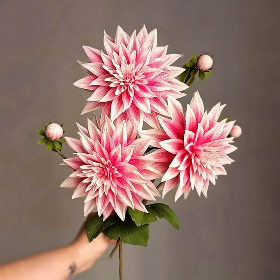 Realistic crepe paper dahlia flowers, handmade bouquet for weddings, gifts & decor